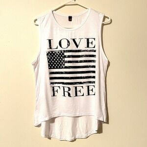 LOVE FREE Women's Tank Top Sleeveless Shirt Size Large Black White American Flag